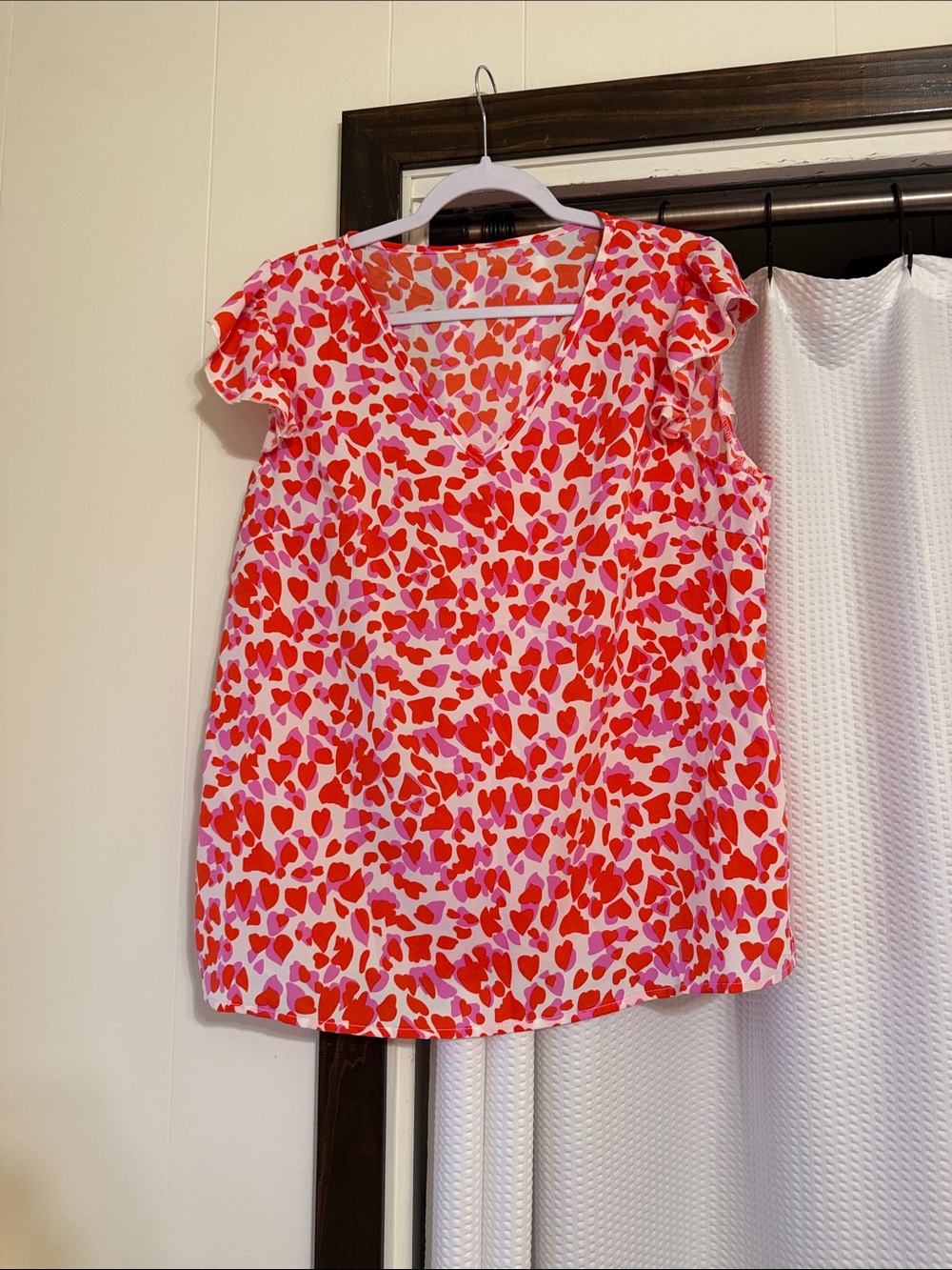 Women’s V-Neck Flutter Sleeve Top in Red & Pink Heart Print